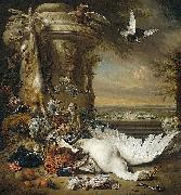 Jan Weenix A monkey and a dog beside dead game and fruit, with the estate of Rijxdorp near Wassenaar in the background oil painting